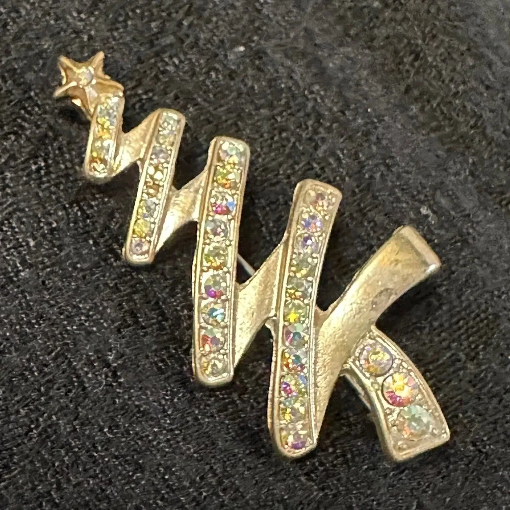 Vintage Abstract Christmas Tree Brooch AB Rhinestone Champagne Gold Tone Pin‎